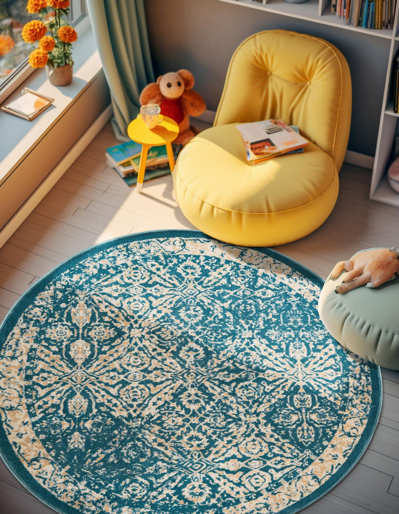 Copenhagen Dahlia Collection Area Rug -  Amager Round Teal  lifestyle 38