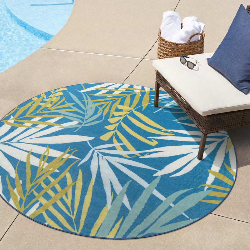 Belizean Tropics Outdoor Rugs Collection Area Rug -  Barrier Round Blue  lifestyle 80