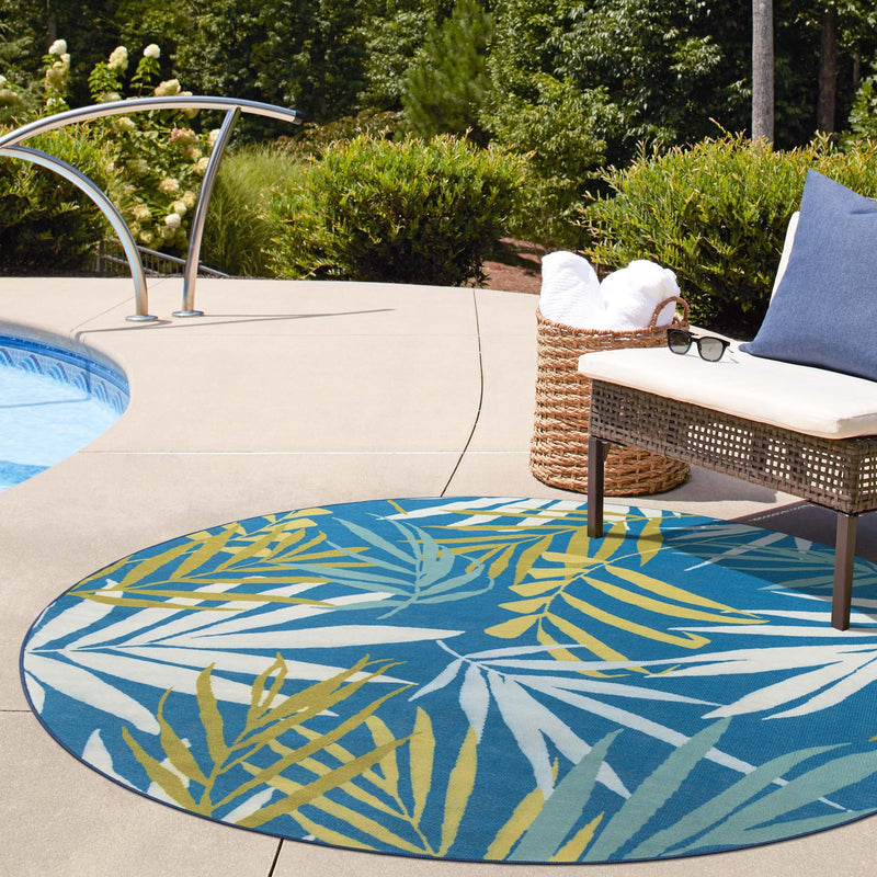 Belizean Tropics Outdoor Rugs Collection Area Rug -  Barrier Round Blue  lifestyle 83