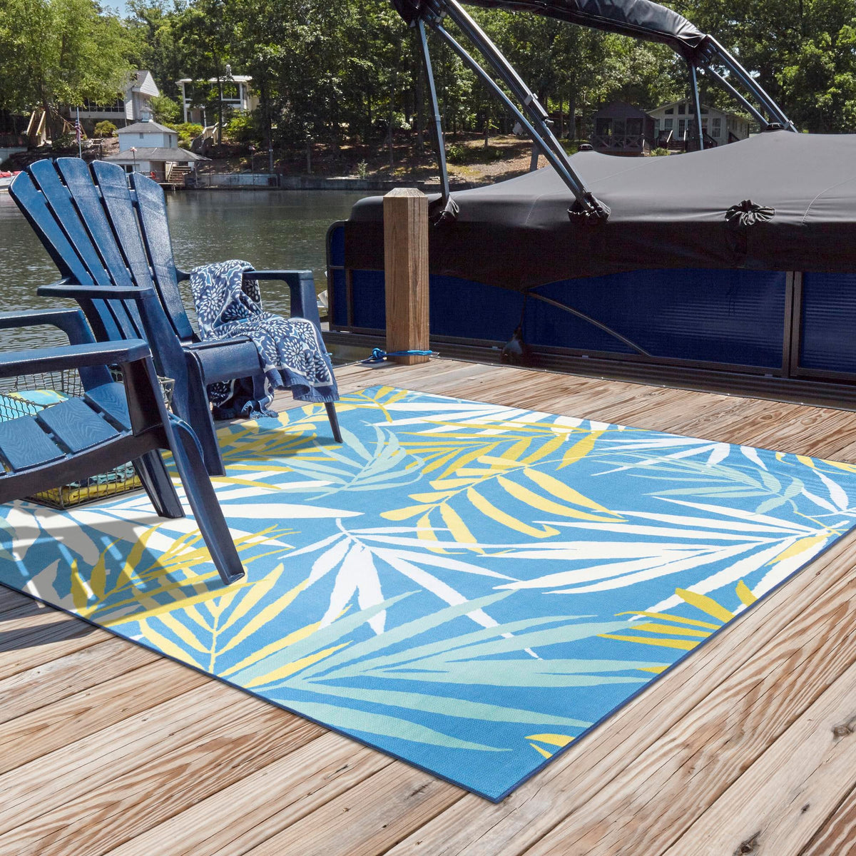 Belizean Tropics Outdoor Rugs Collection Area Rug -  Barrier Square Blue  lifestyle 85