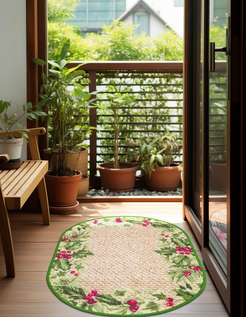 Belizean Tropics Outdoor Rugs Collection Area Rug -  Ambergris Oval Beige and Green  lifestyle 30