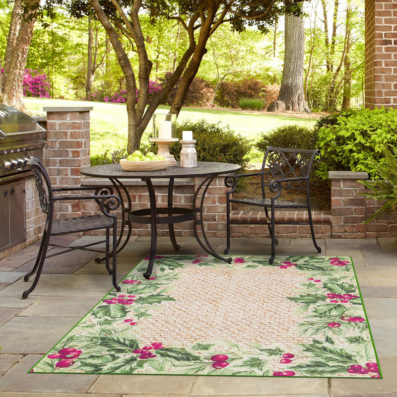 Belizean Tropics Outdoor Rugs Collection Area Rug -  Ambergris Rectangle Beige and Green  lifestyle 16