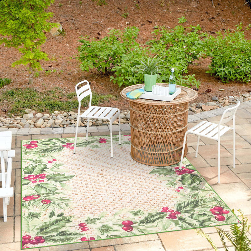 Belizean Tropics Outdoor Rugs Collection Area Rug -  Ambergris Square Beige and Green  lifestyle 79