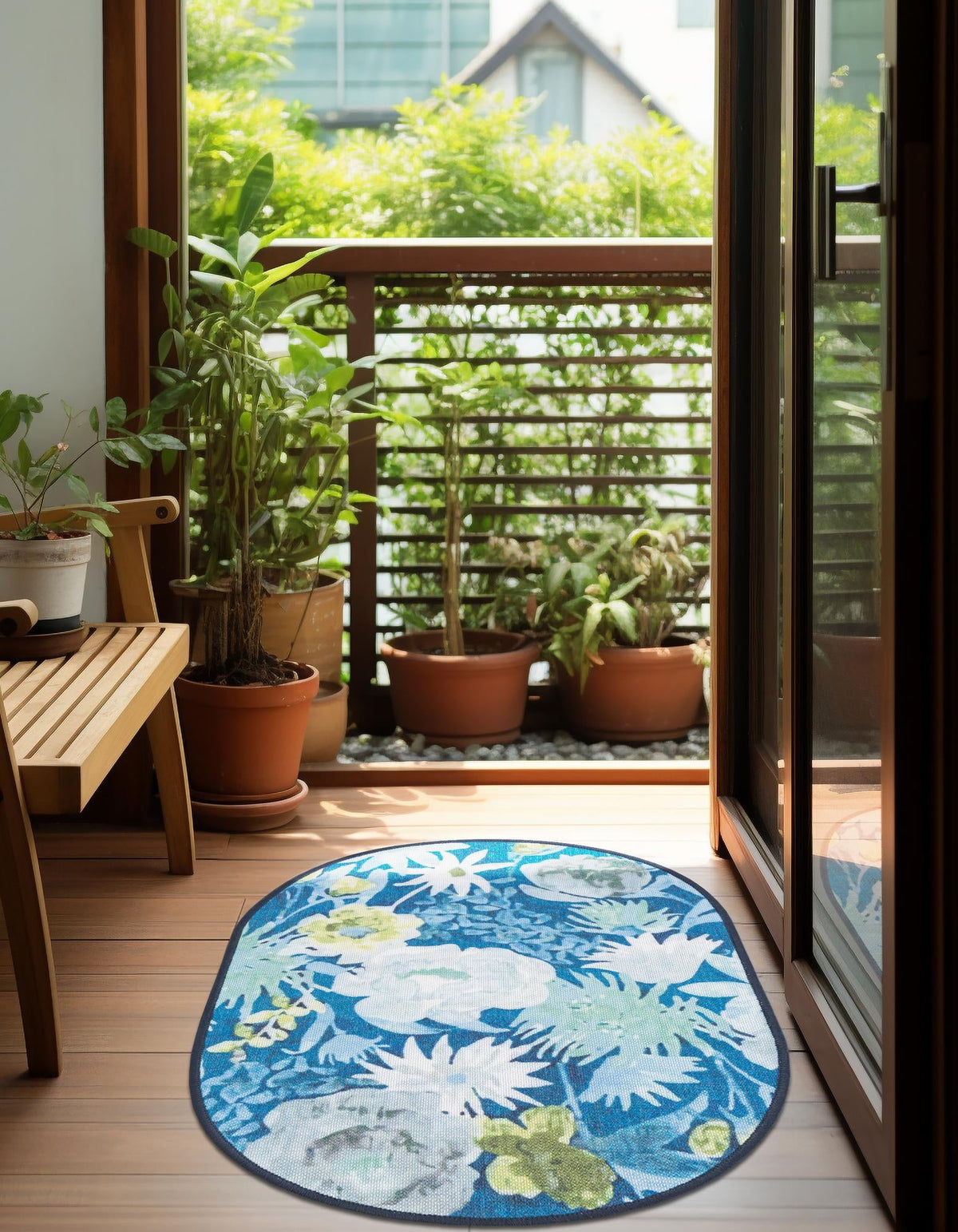 Belizean Tropics Outdoor Rugs Collection Area Rug -  Lagoon Oval Navy Blue  lifestyle 31