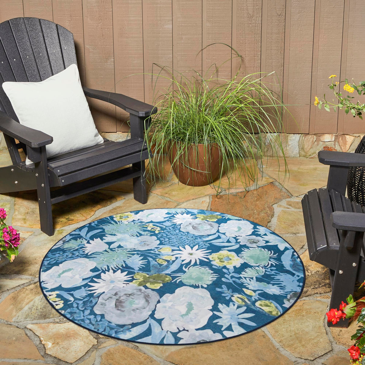 Belizean Tropics Outdoor Rugs Collection Area Rug -  Lagoon Round Navy Blue  lifestyle 89