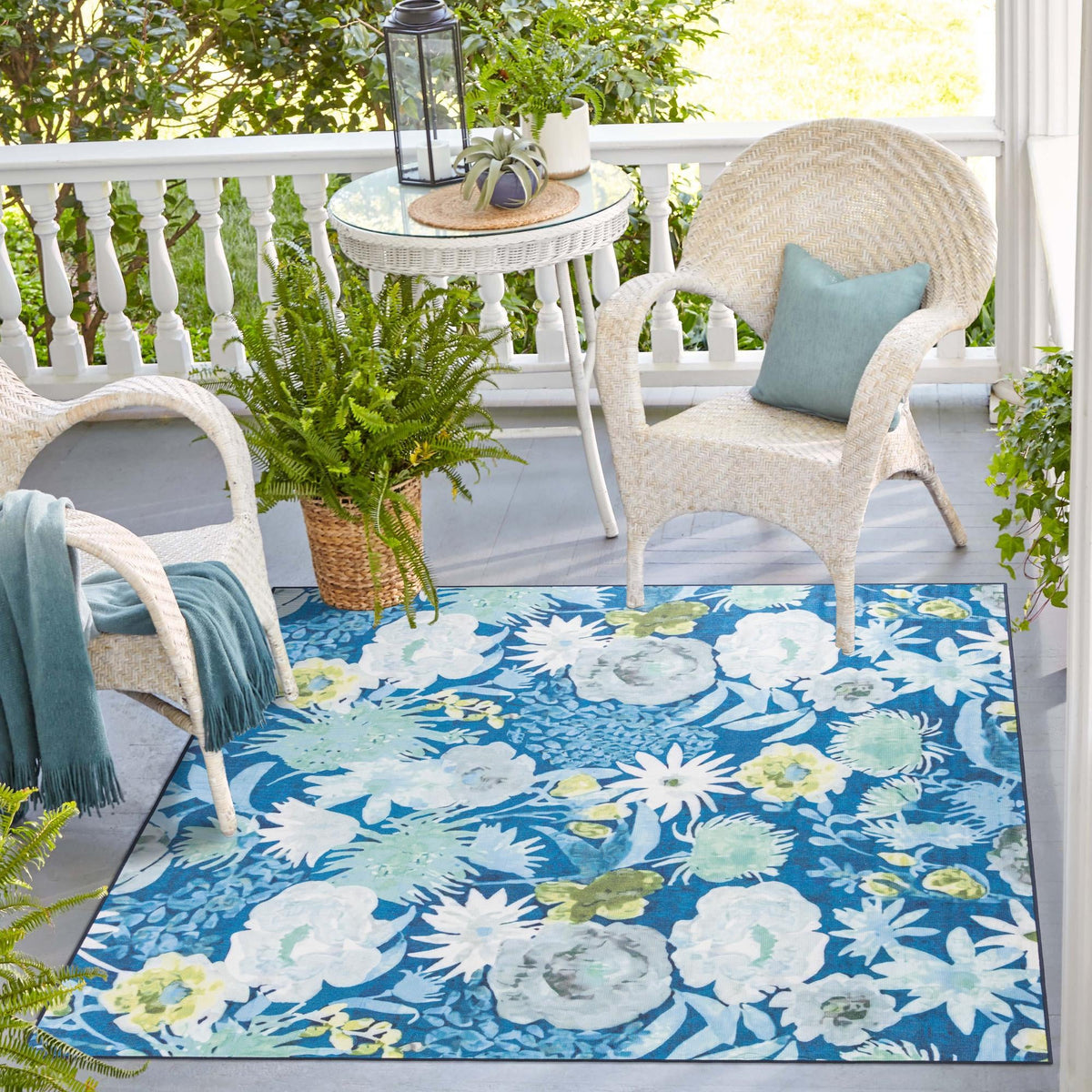 Belizean Tropics Outdoor Rugs Collection Area Rug -  Lagoon Square Navy Blue  lifestyle 91