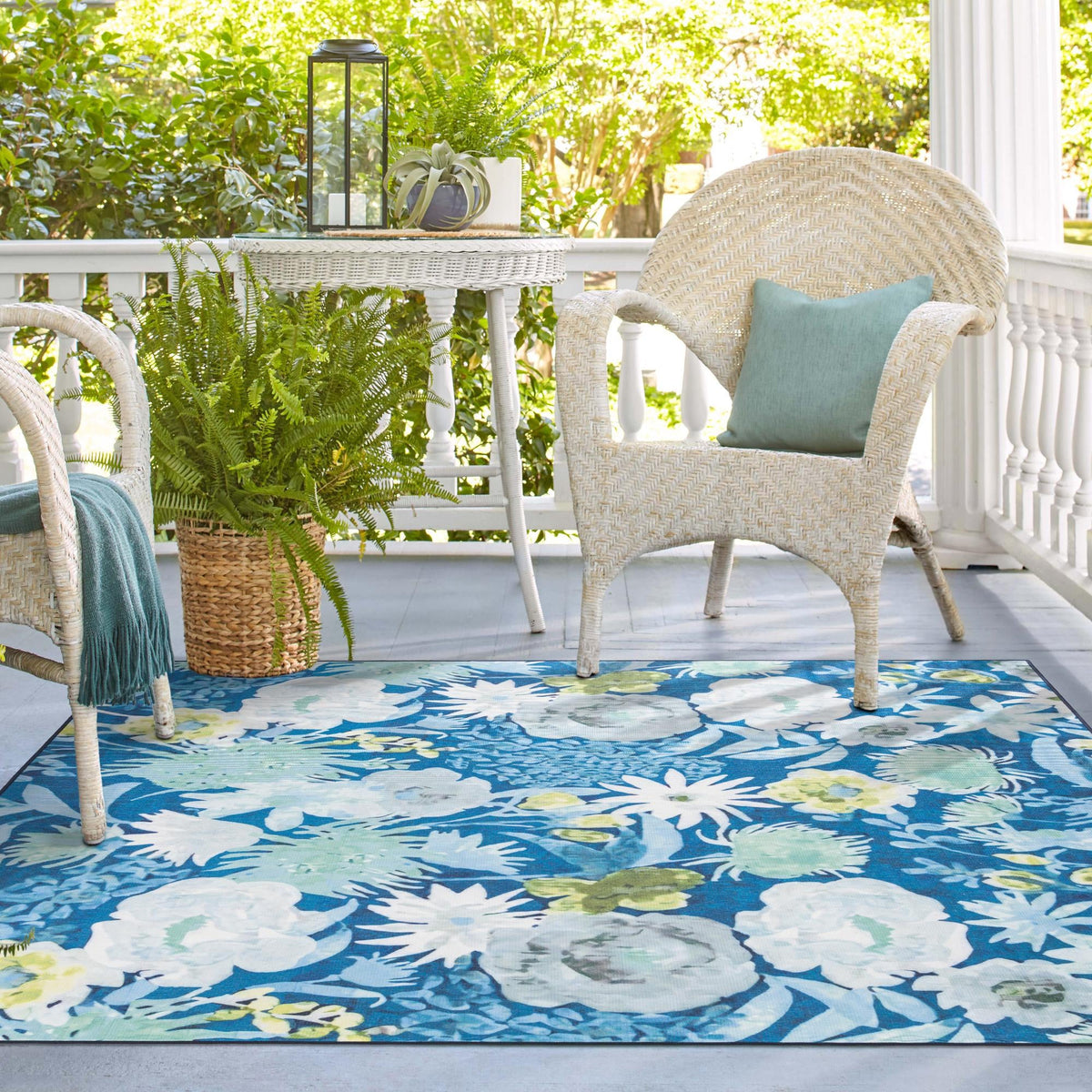 Belizean Tropics Outdoor Rugs Collection Area Rug -  Lagoon Square Navy Blue  lifestyle 94
