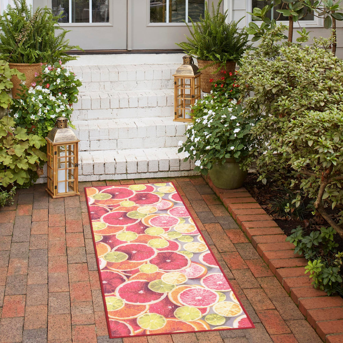 Belizean Tropics Outdoor Rugs Collection Area Rug -  Savanna Runner Rust Red and Yellow  lifestyle 82