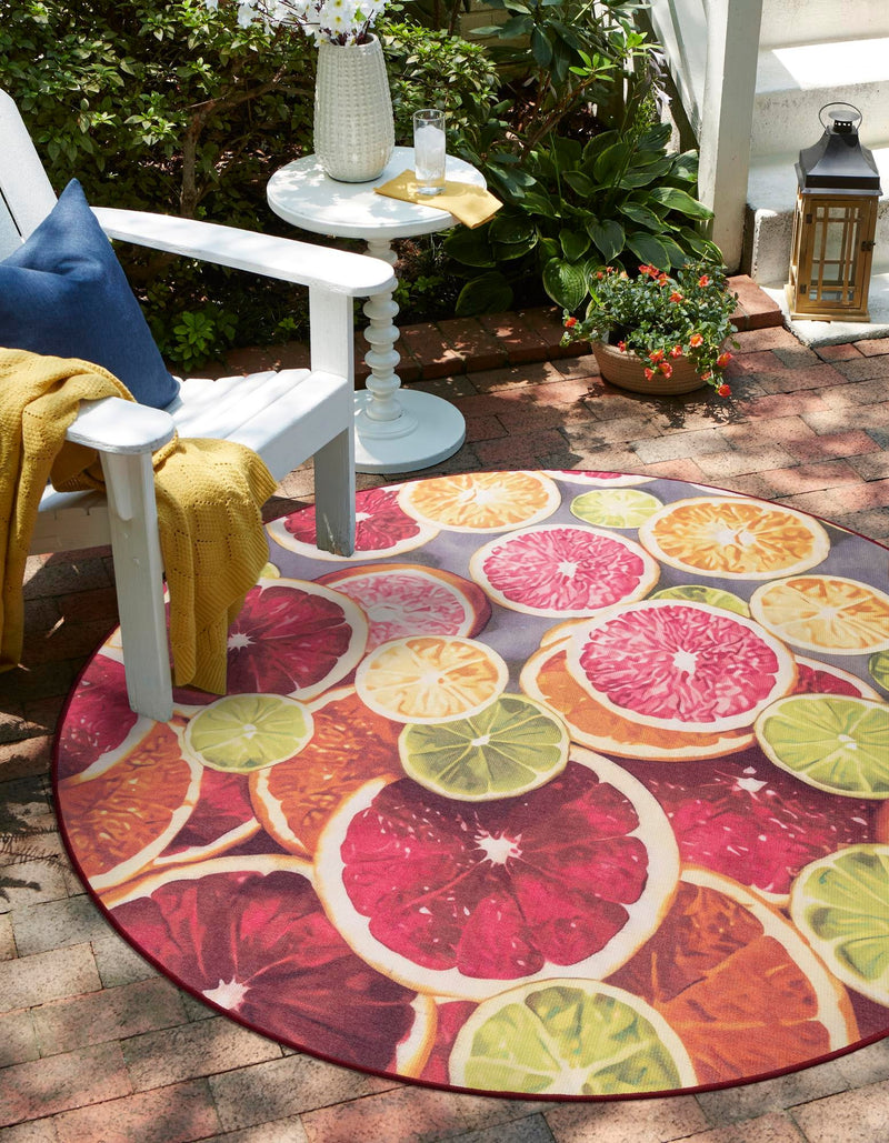 Belizean Tropics Outdoor Rugs Collection Area Rug -  Savanna Round Rust Red and Yellow  lifestyle 21