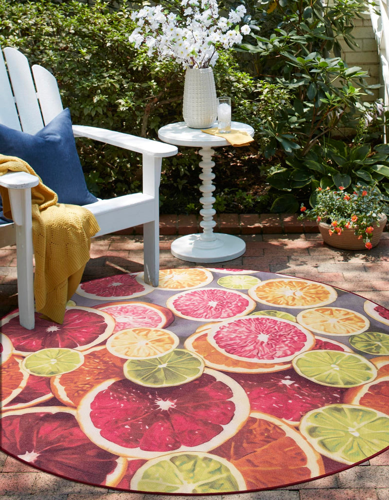 Belizean Tropics Outdoor Rugs Collection Area Rug -  Savanna Round Rust Red and Yellow  lifestyle 25