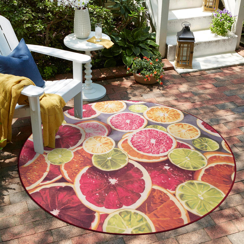 Belizean Tropics Outdoor Rugs Collection Area Rug -  Savanna Round Rust Red and Yellow  lifestyle 78