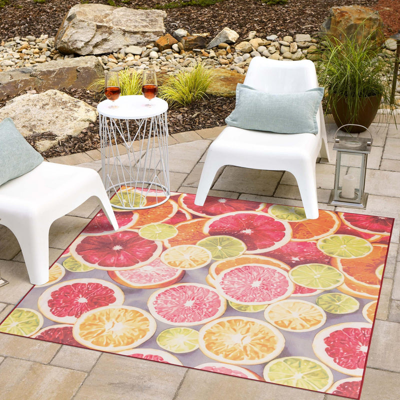 Belizean Tropics Outdoor Rugs Collection Area Rug -  Savanna Square Rust Red and Yellow  lifestyle 80