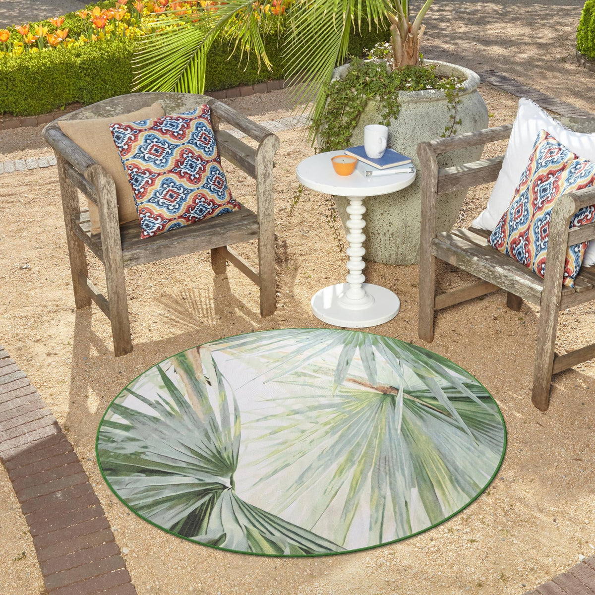 Belizean Tropics Outdoor Rugs Collection Area Rug -  Mayan Round Green  lifestyle 59