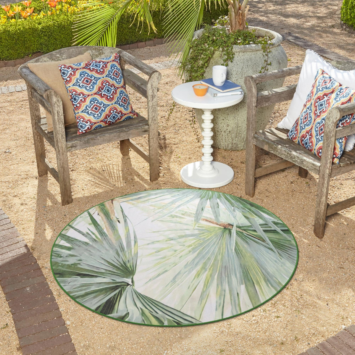 Belizean Tropics Outdoor Rugs Collection Area Rug -  Mayan Round Green  lifestyle 62