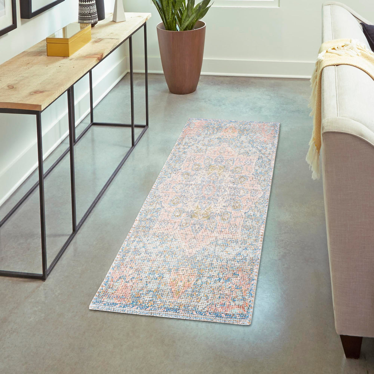 Desert Weave Jute Collection Area Rug -  Gobi Runner Blue and Peach  lifestyle 56