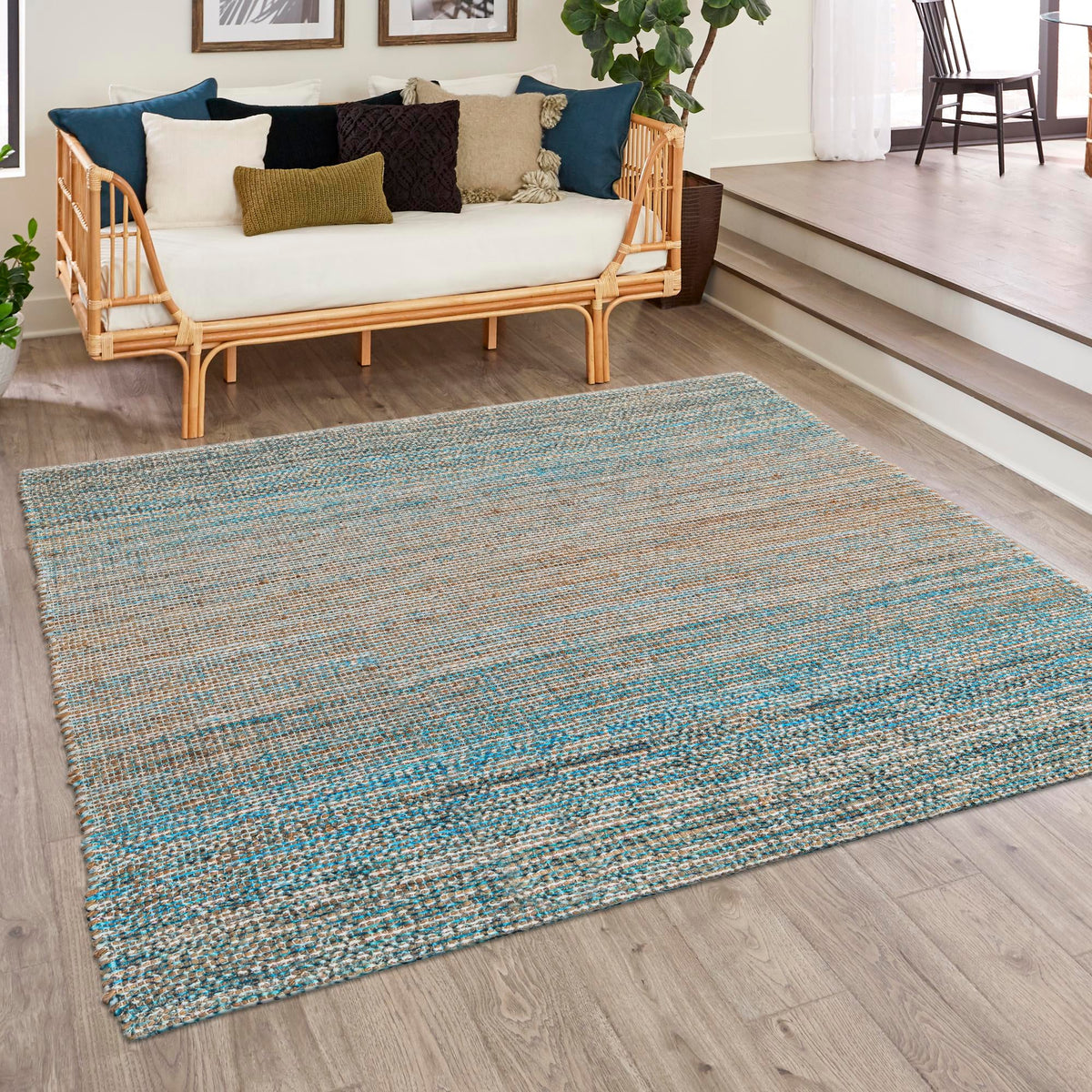 Desert Weave Jute Collection Area Rug -  Gobi Square Ivory and Blue  lifestyle 81