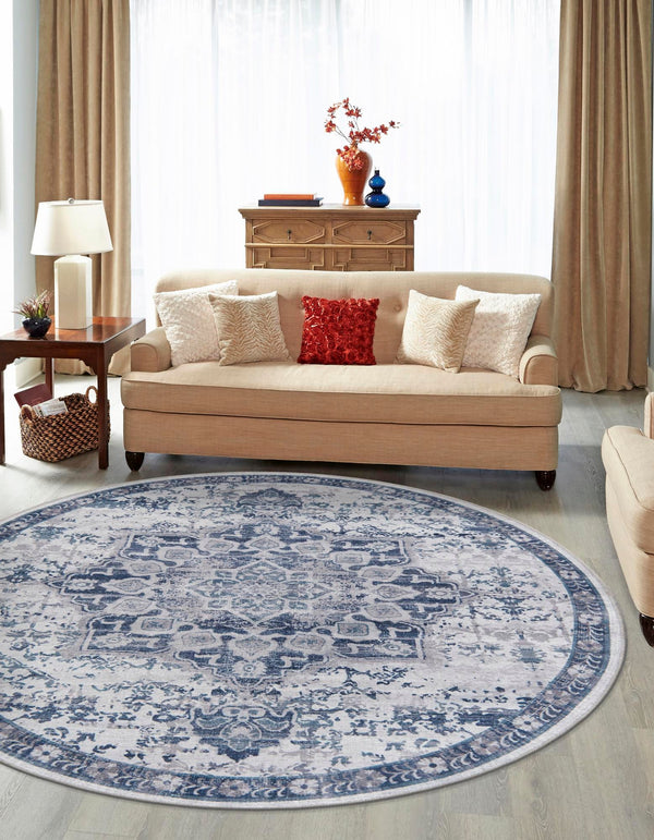 Baroque Era Collection Area Rug - Versailles (Gray Blue) Round Gray Blue  lifestyle 16
