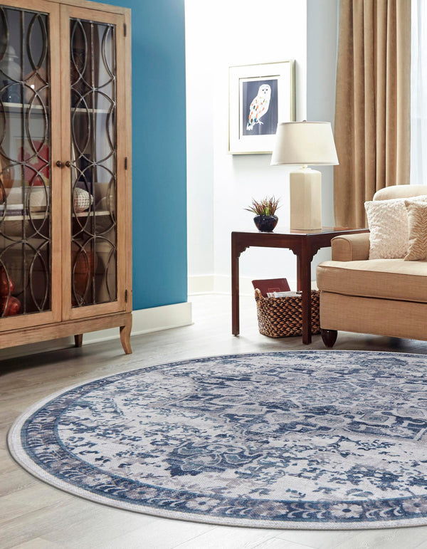 Baroque Era Collection Area Rug - Versailles (Gray Blue) Round Gray Blue  lifestyle 20