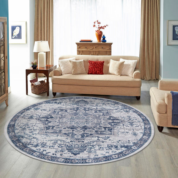 Baroque Era Collection Area Rug - Versailles (Gray Blue) Round Gray Blue  lifestyle 42