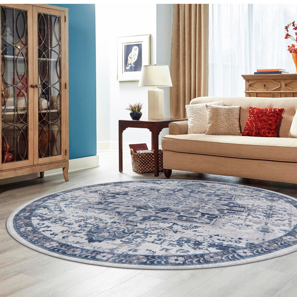 Baroque Era Collection Area Rug - Versailles (Gray Blue) Round Gray Blue  lifestyle 44