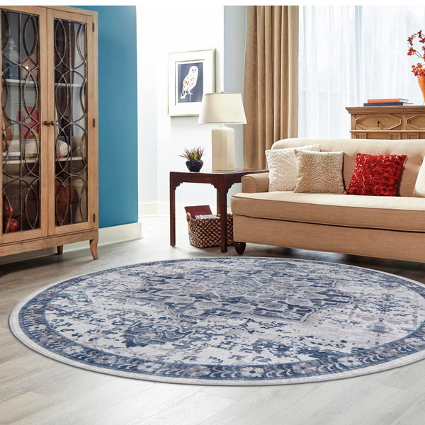 Baroque Era Collection Area Rug - Versailles (Gray Blue) Round Gray Blue  lifestyle 44