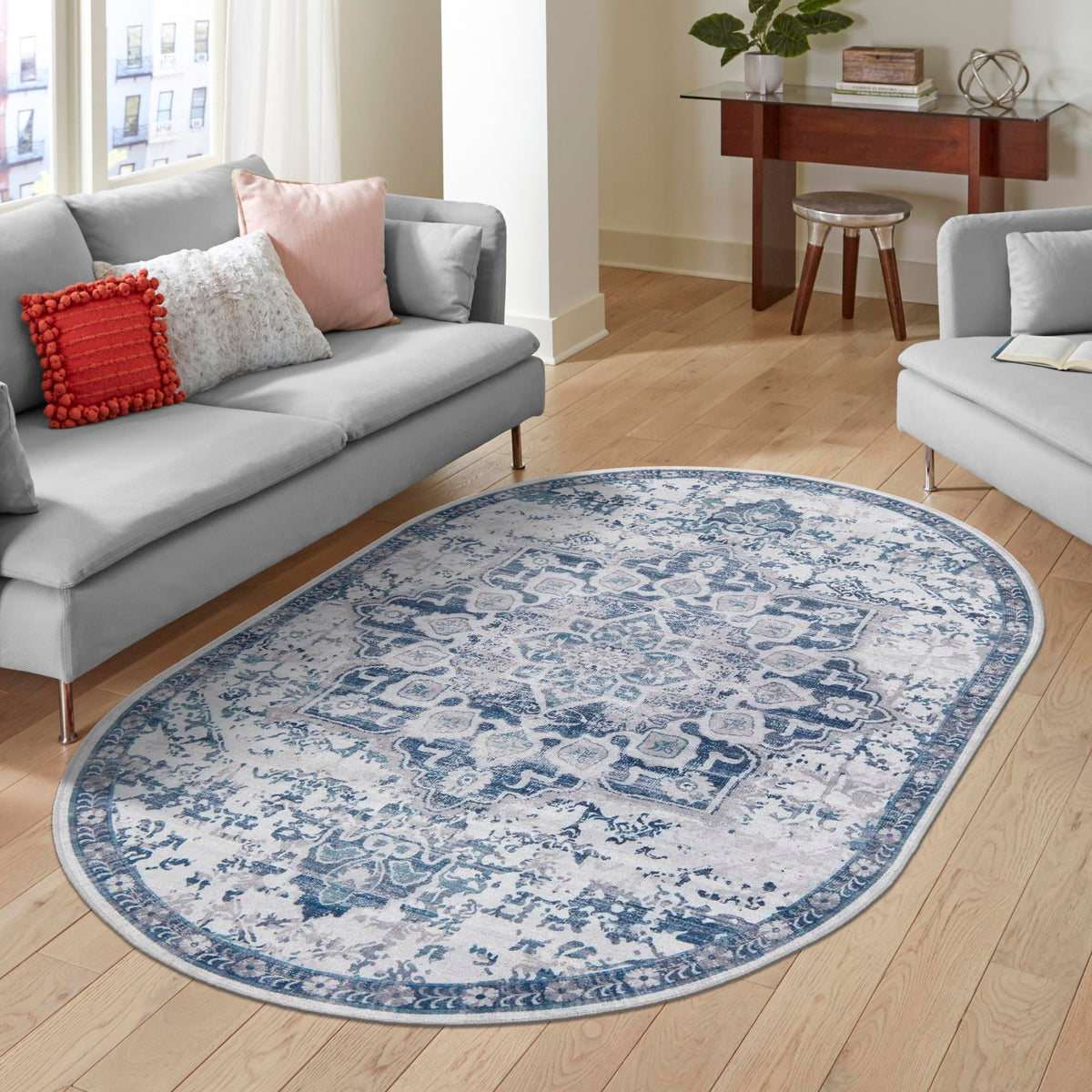 Baroque Era Collection Area Rug - Versailles (Gray Blue) Oval Gray Blue  lifestyle 41