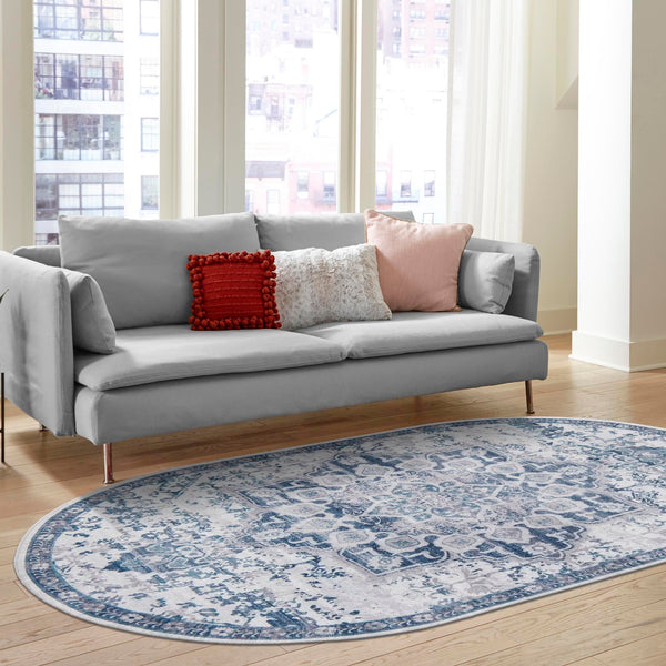 Baroque Era Collection Area Rug - Versailles (Gray Blue) Oval Gray Blue  lifestyle 43