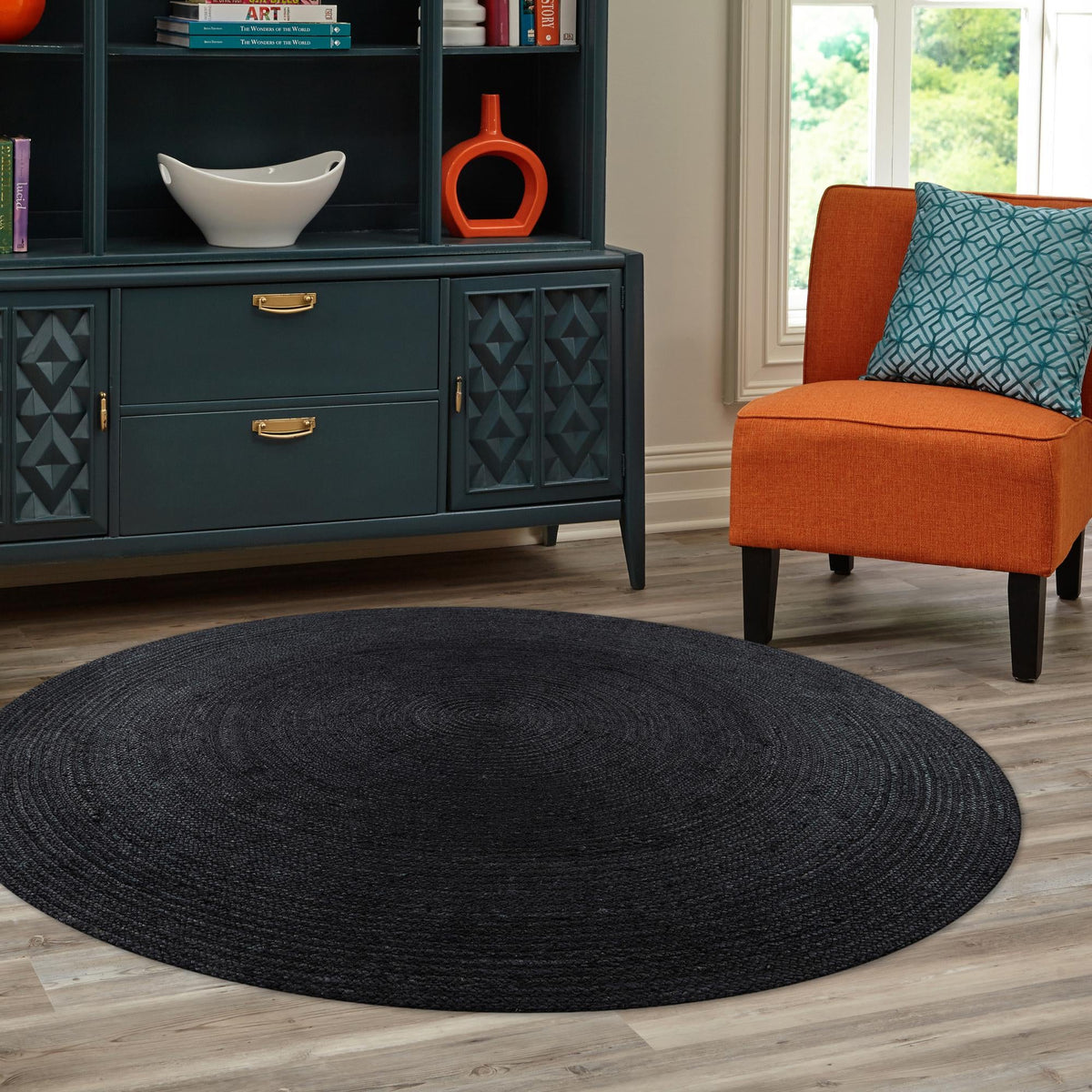Woven Seaside Jute Collection Area Rug - Martha's Round Black  lifestyle 97