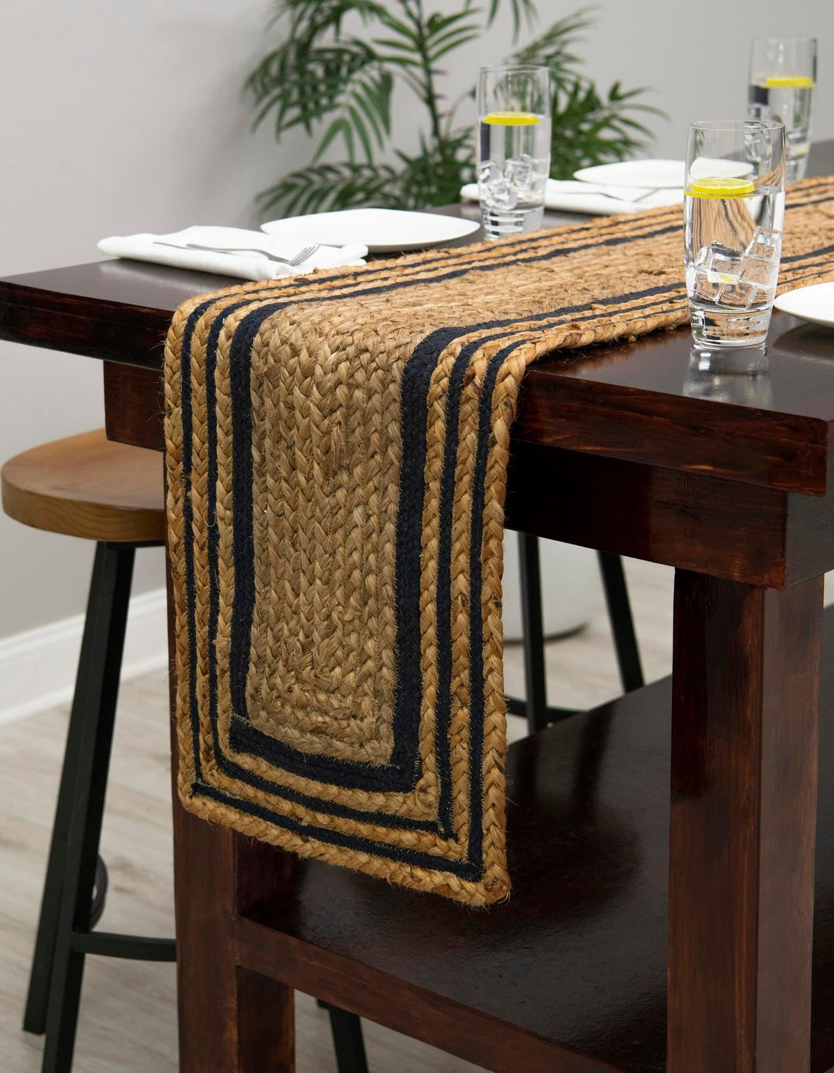 Woven Seaside Jute Collection Area Rug - Nantucket Table Runner Natural and Navy Blue  lifestyle 99