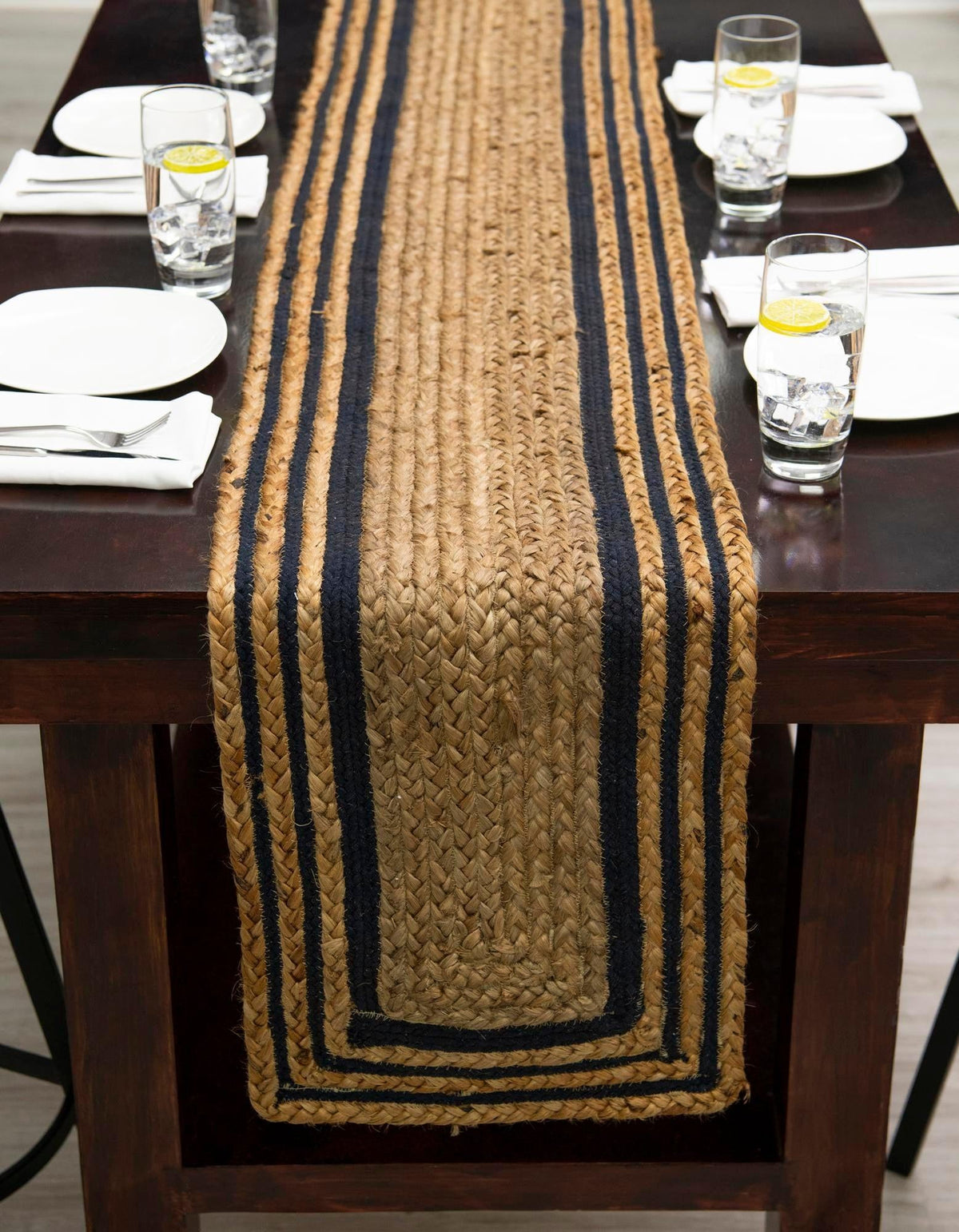 Woven Seaside Jute Collection Area Rug - Nantucket Table Runner Natural and Navy Blue  lifestyle 102