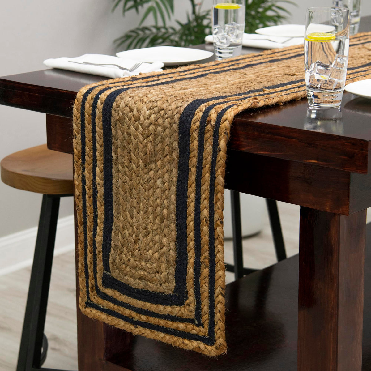 Woven Seaside Jute Collection Area Rug - Nantucket Table Runner Natural and Navy Blue  lifestyle 86