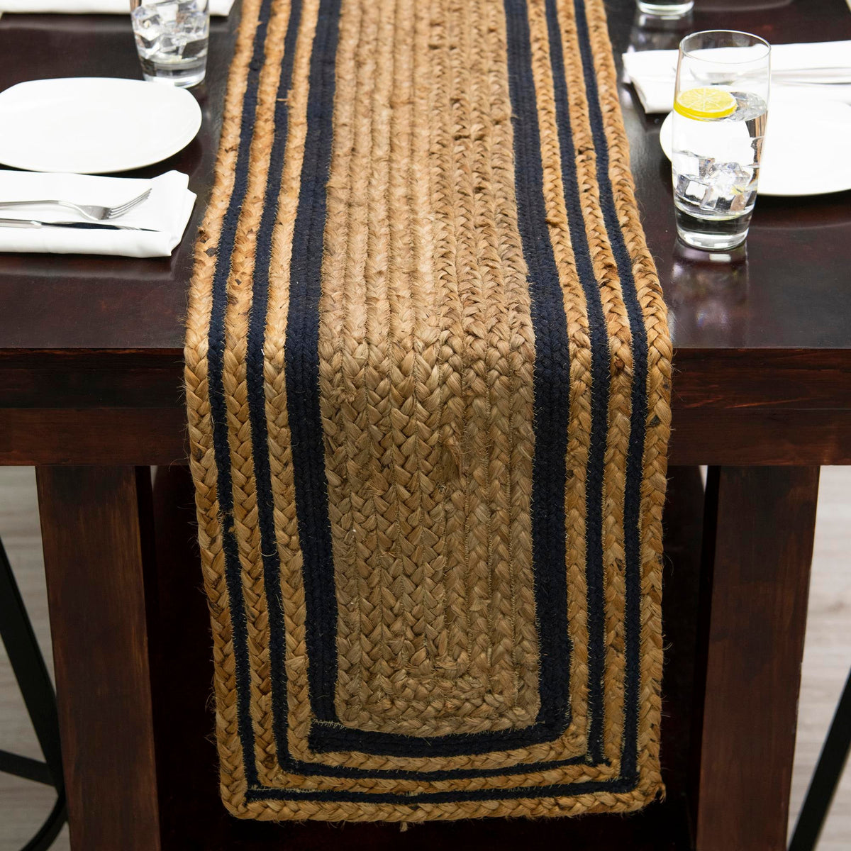 Woven Seaside Jute Collection Area Rug - Nantucket Table Runner Natural and Navy Blue  lifestyle 88