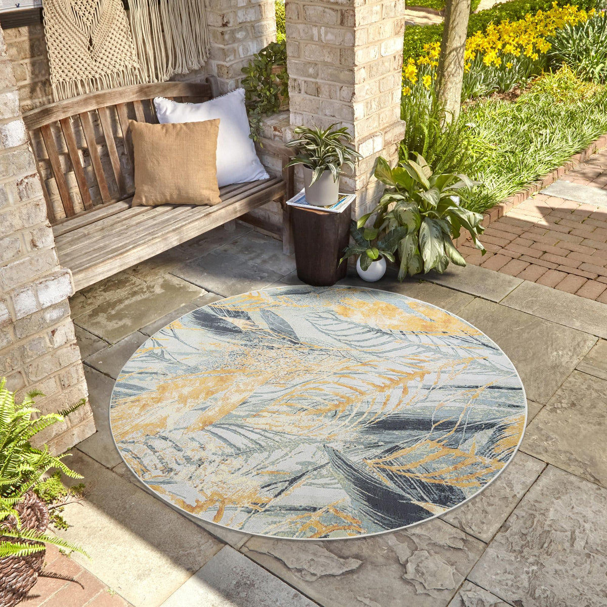 Garden Terrace Escape Collection Area Rug -  Blossom Round Gray Ivory Yellow  lifestyle 57