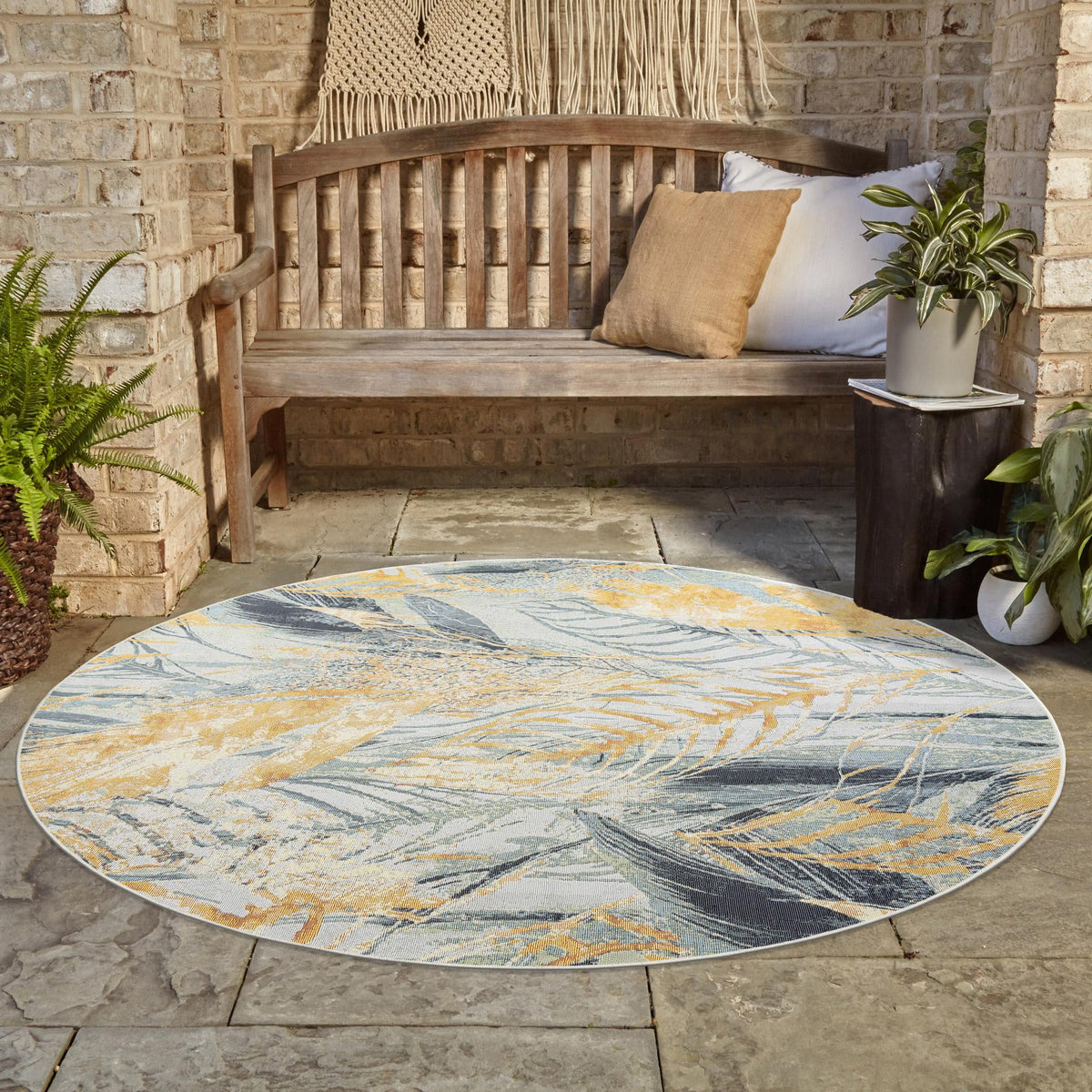 Garden Terrace Escape Collection Area Rug -  Blossom Round Gray Ivory Yellow  lifestyle 60