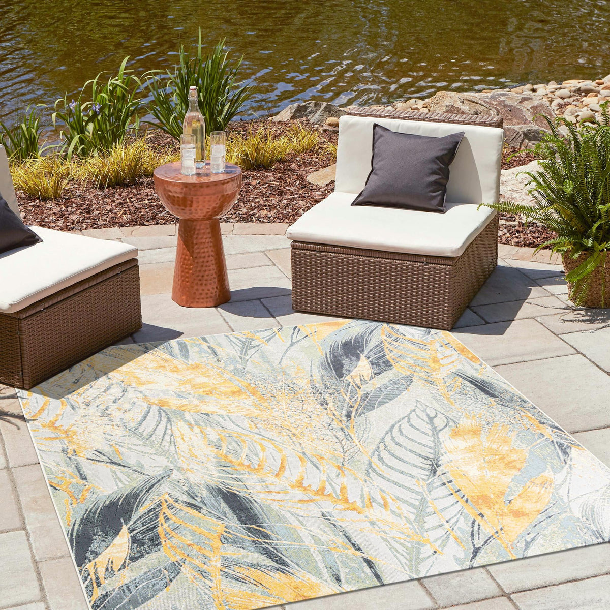 Garden Terrace Escape Collection Area Rug -  Blossom Square Gray Ivory Yellow  lifestyle 59