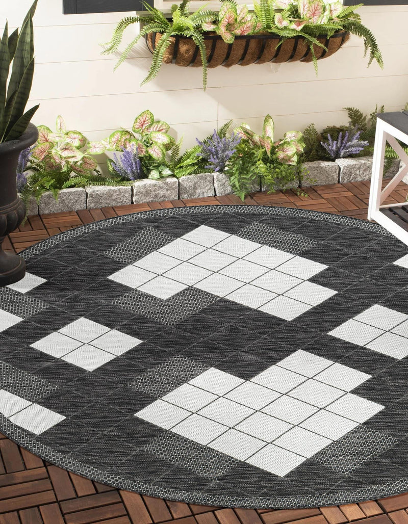 Urban Terrace Collection Area Rug -  Williamsburg Round Black and White  lifestyle 2