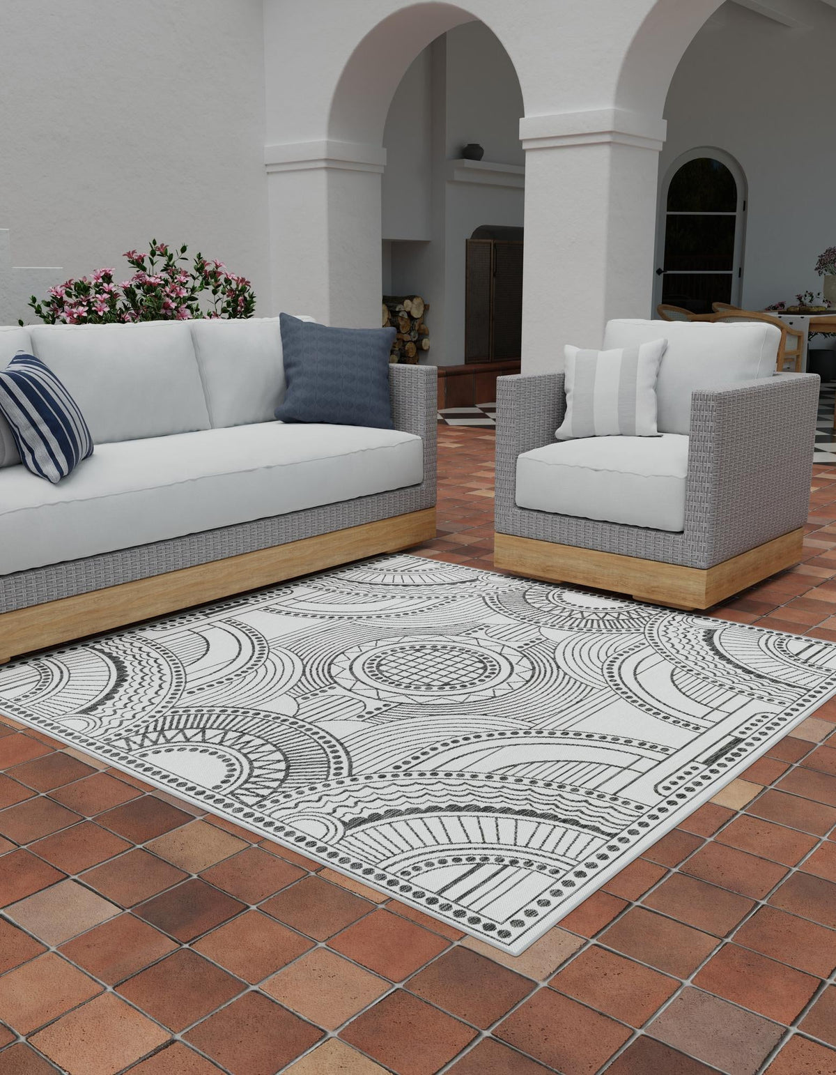 Patio Heritage Collection Area Rug -  Asheville Square White and Black  lifestyle 56