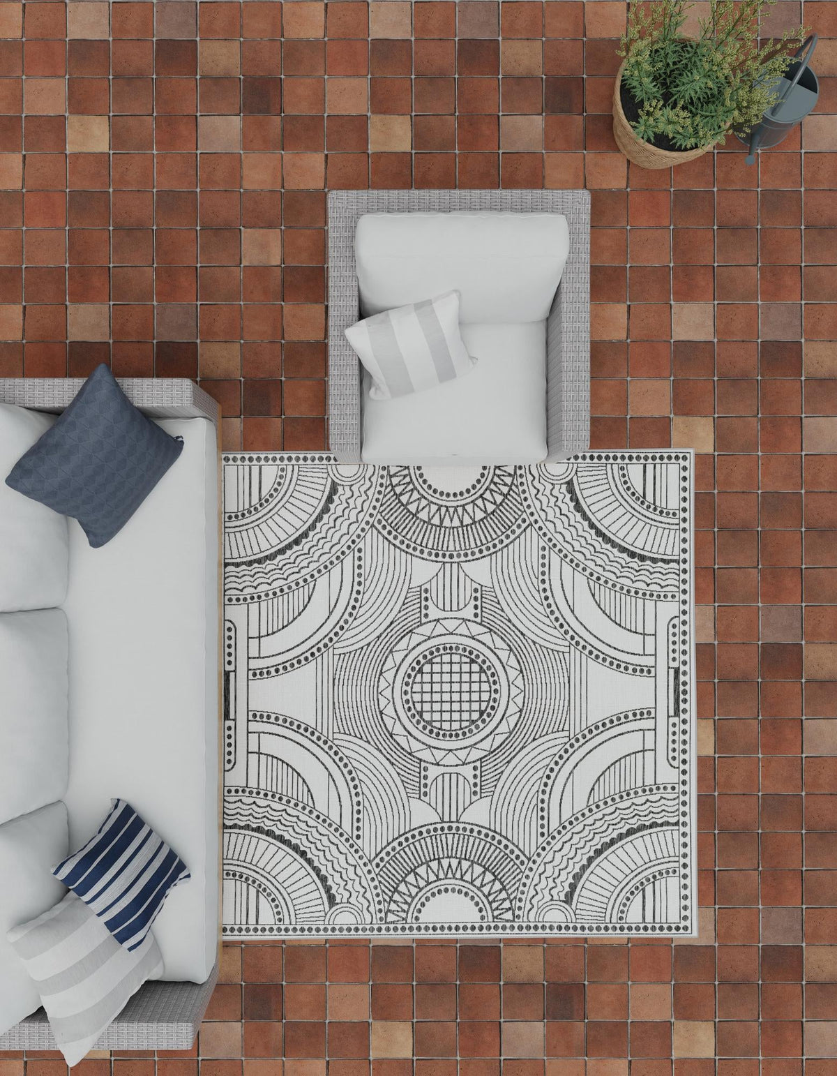 Patio Heritage Collection Area Rug -  Asheville Square White and Black  lifestyle 179