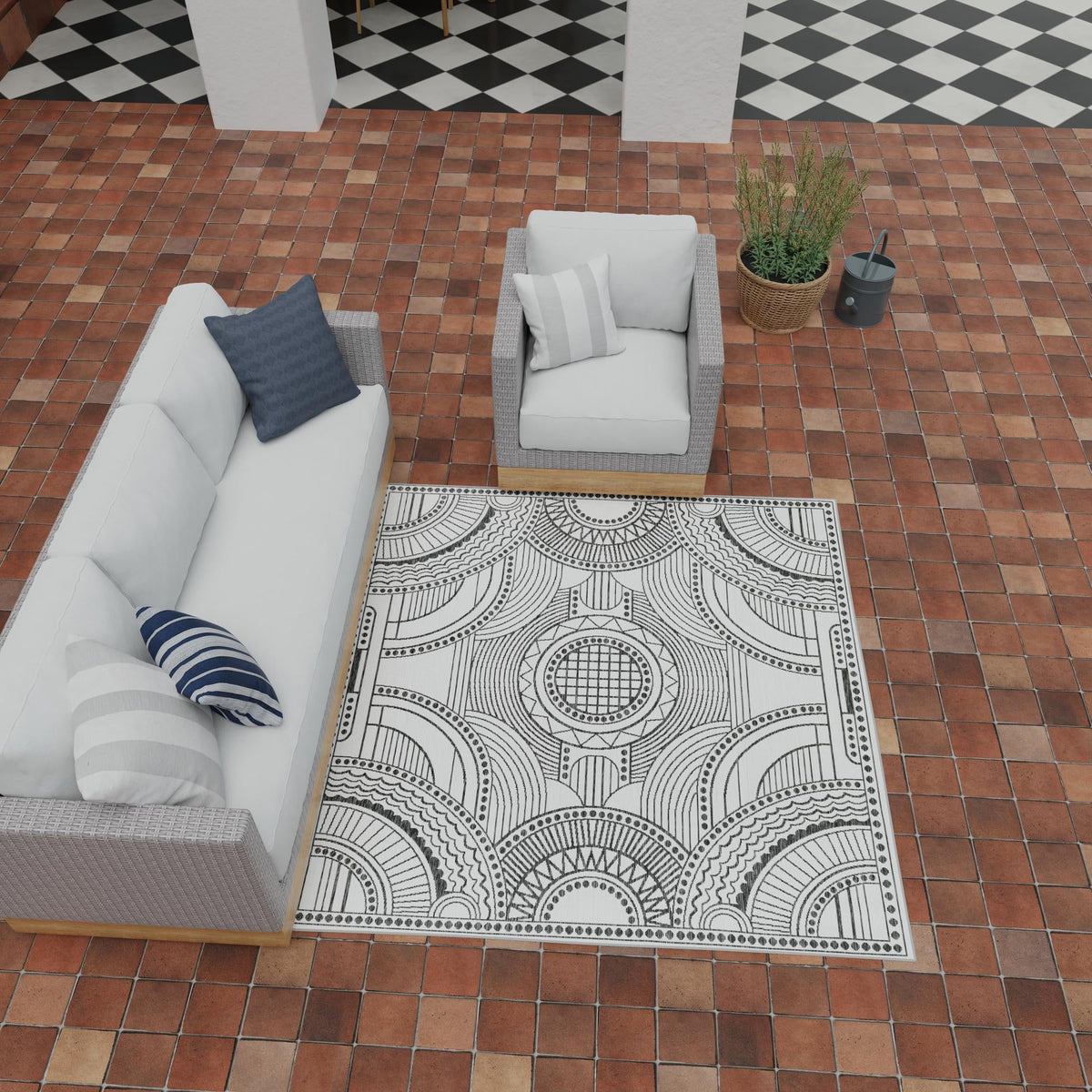 Patio Heritage Collection Area Rug -  Asheville Square White and Black  lifestyle 182