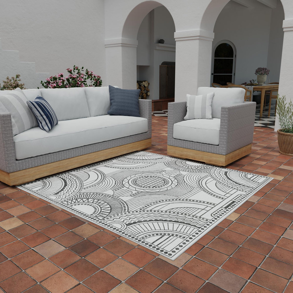 Patio Heritage Collection Area Rug -  Asheville Square White and Black  lifestyle 185