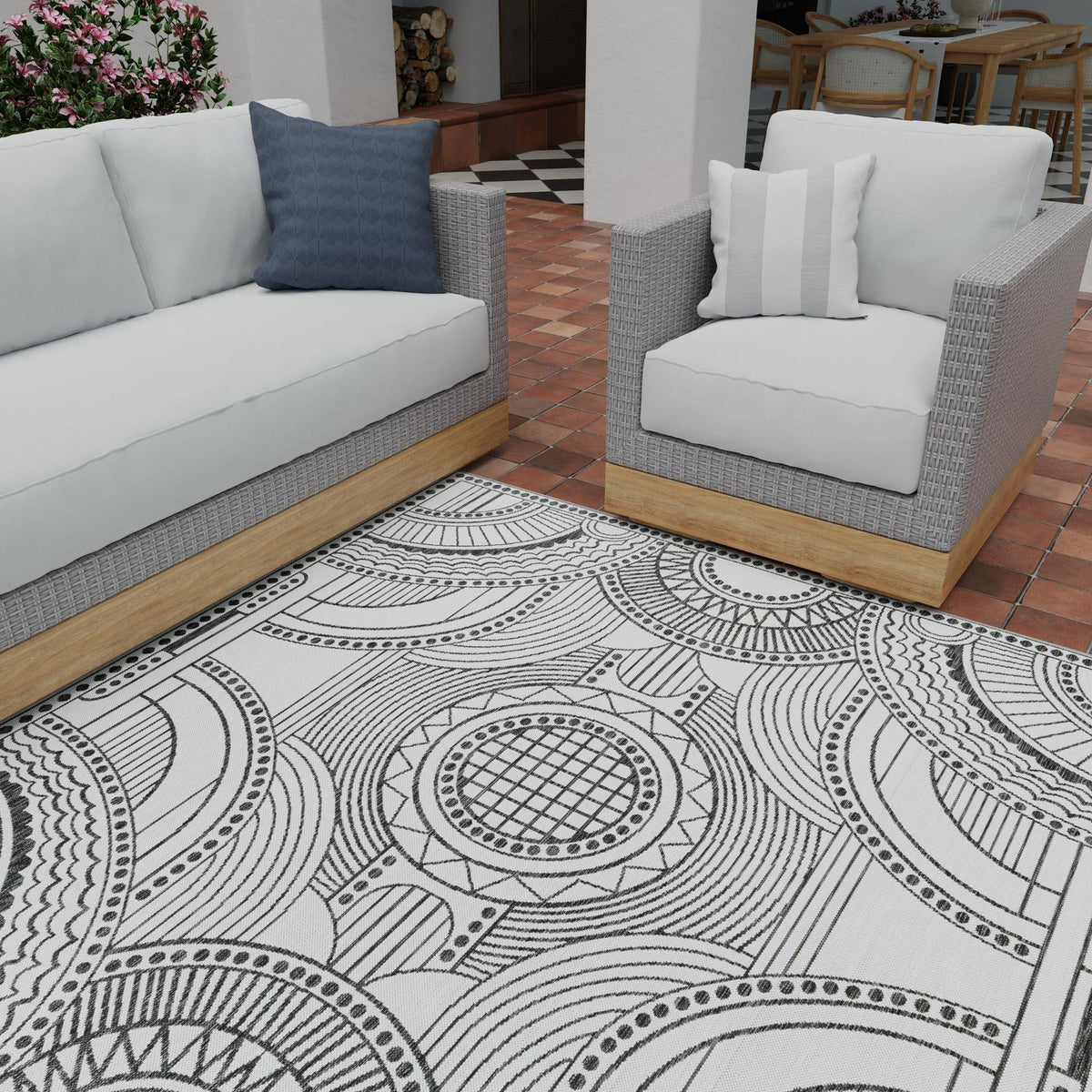 Patio Heritage Collection Area Rug -  Asheville Square White and Black  lifestyle 188