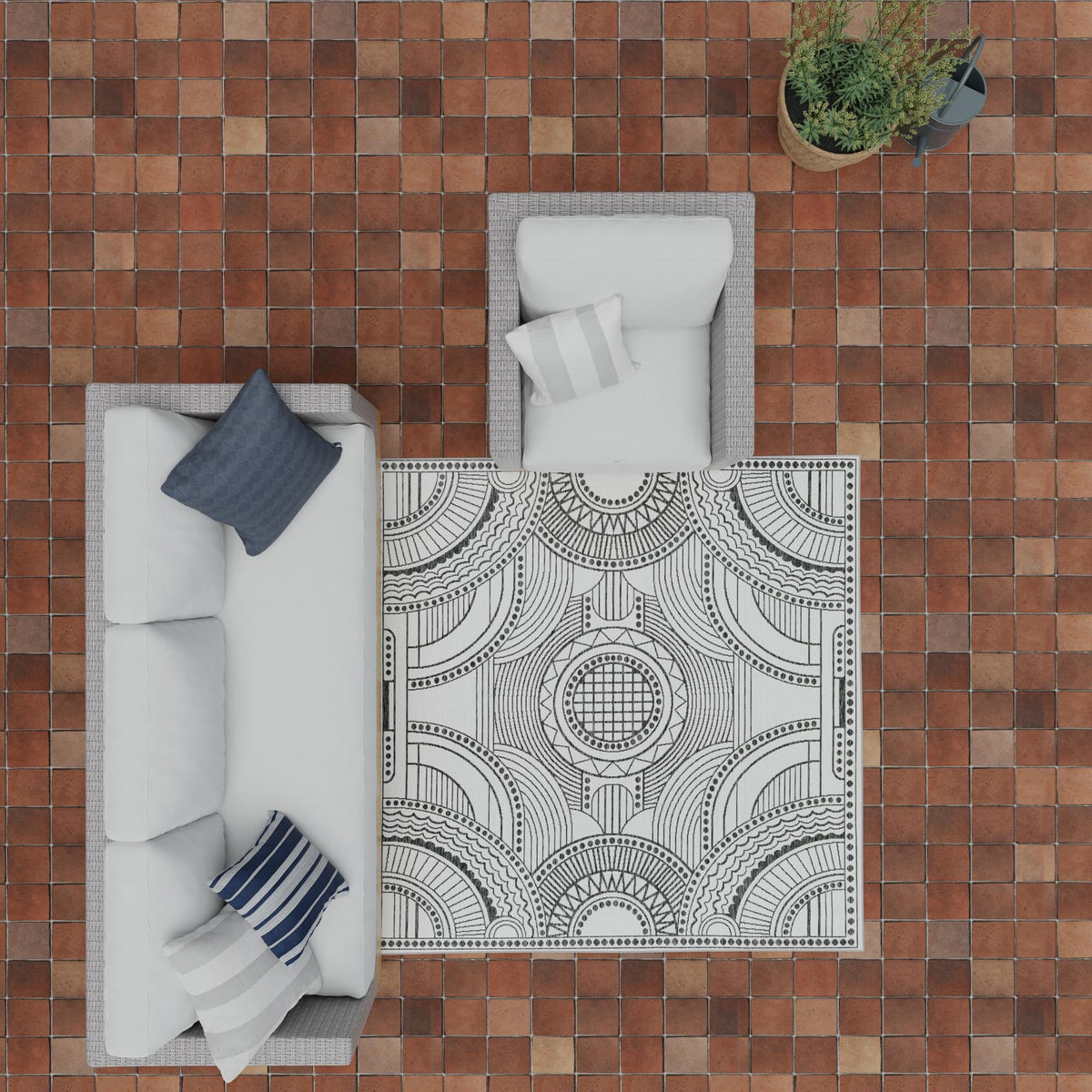 Patio Heritage Collection Area Rug -  Asheville Square White and Black  lifestyle 190