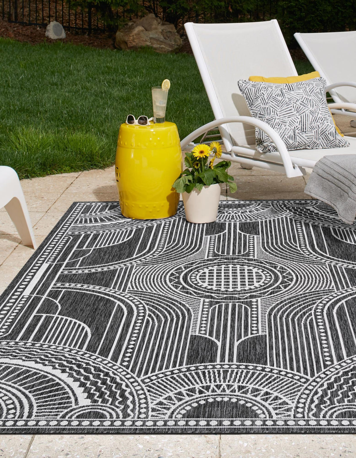Patio Heritage Collection Area Rug -  Asheville Rectangle Black and White  lifestyle 6