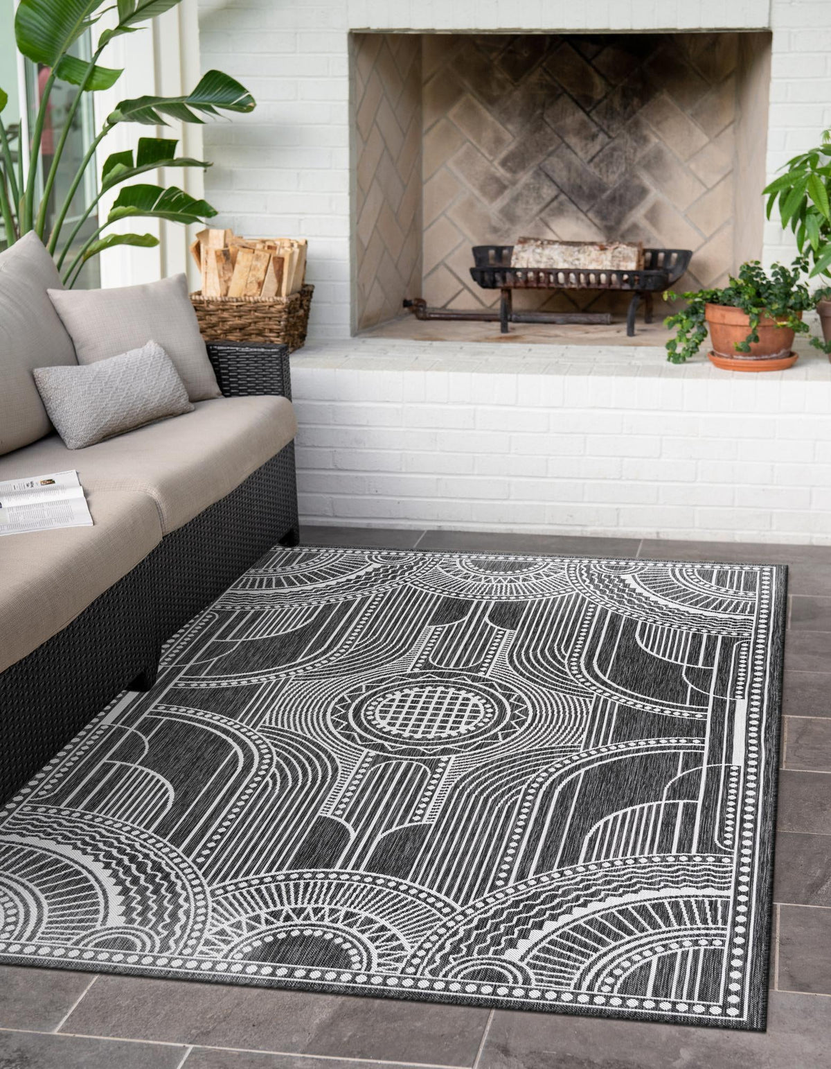 Patio Heritage Collection Area Rug -  Asheville Rectangle Black and White  lifestyle 30
