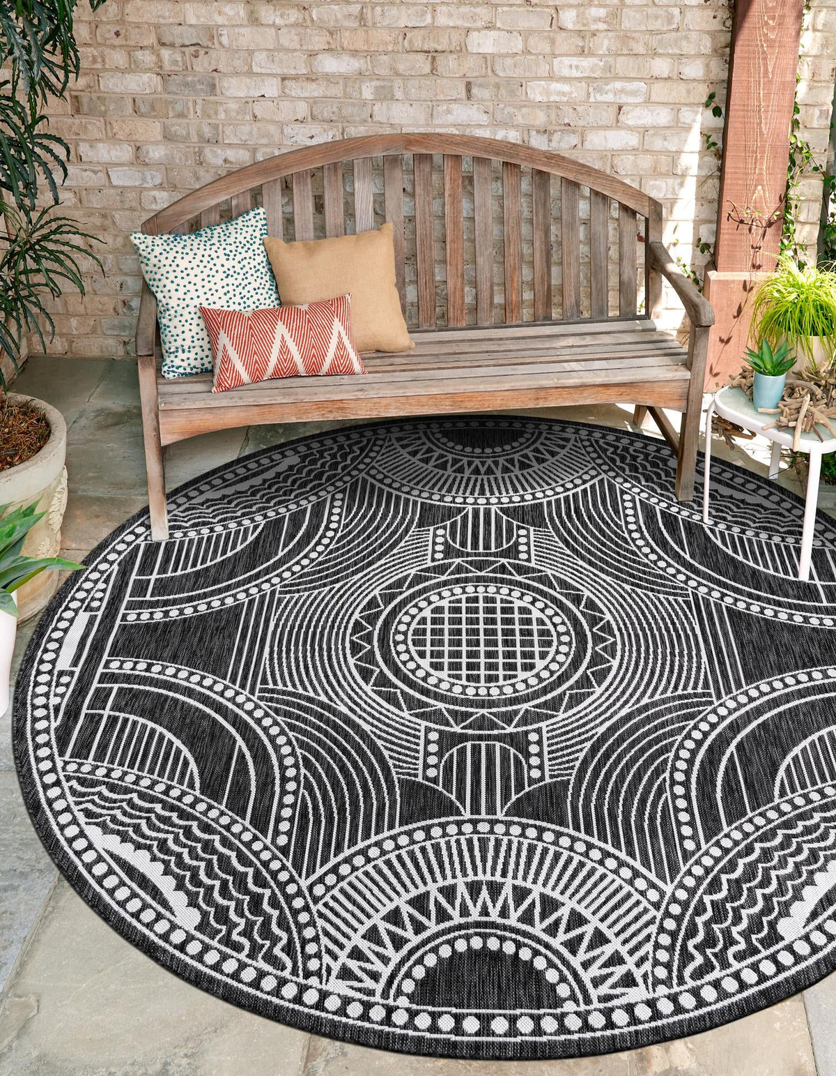 Patio Heritage Collection Area Rug -  Asheville Round Black and White  lifestyle 56