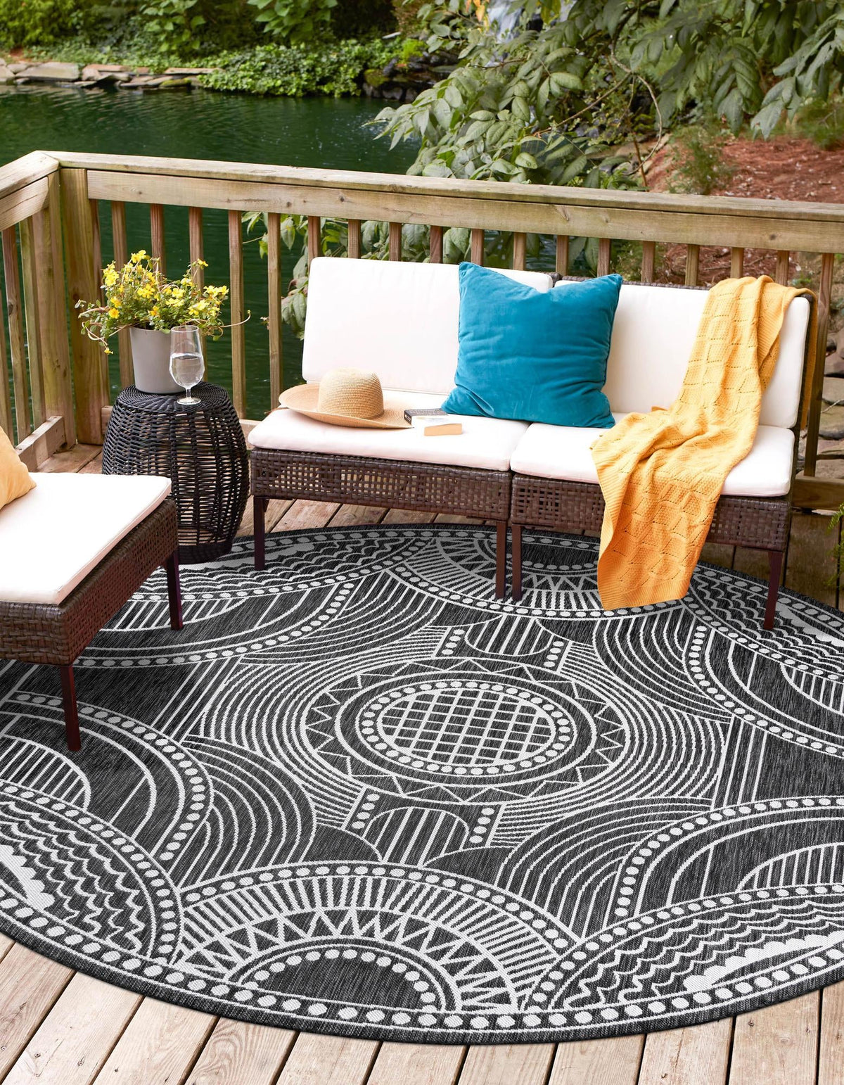 Patio Heritage Collection Area Rug -  Asheville Round Black and White  lifestyle 89