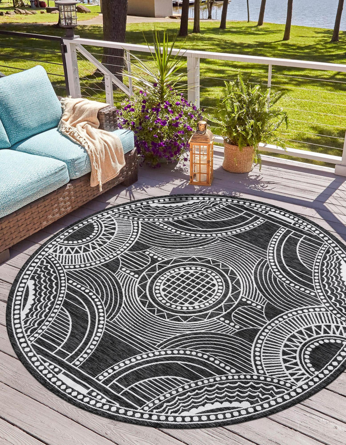 Patio Heritage Collection Area Rug -  Asheville Round Black and White  lifestyle 98