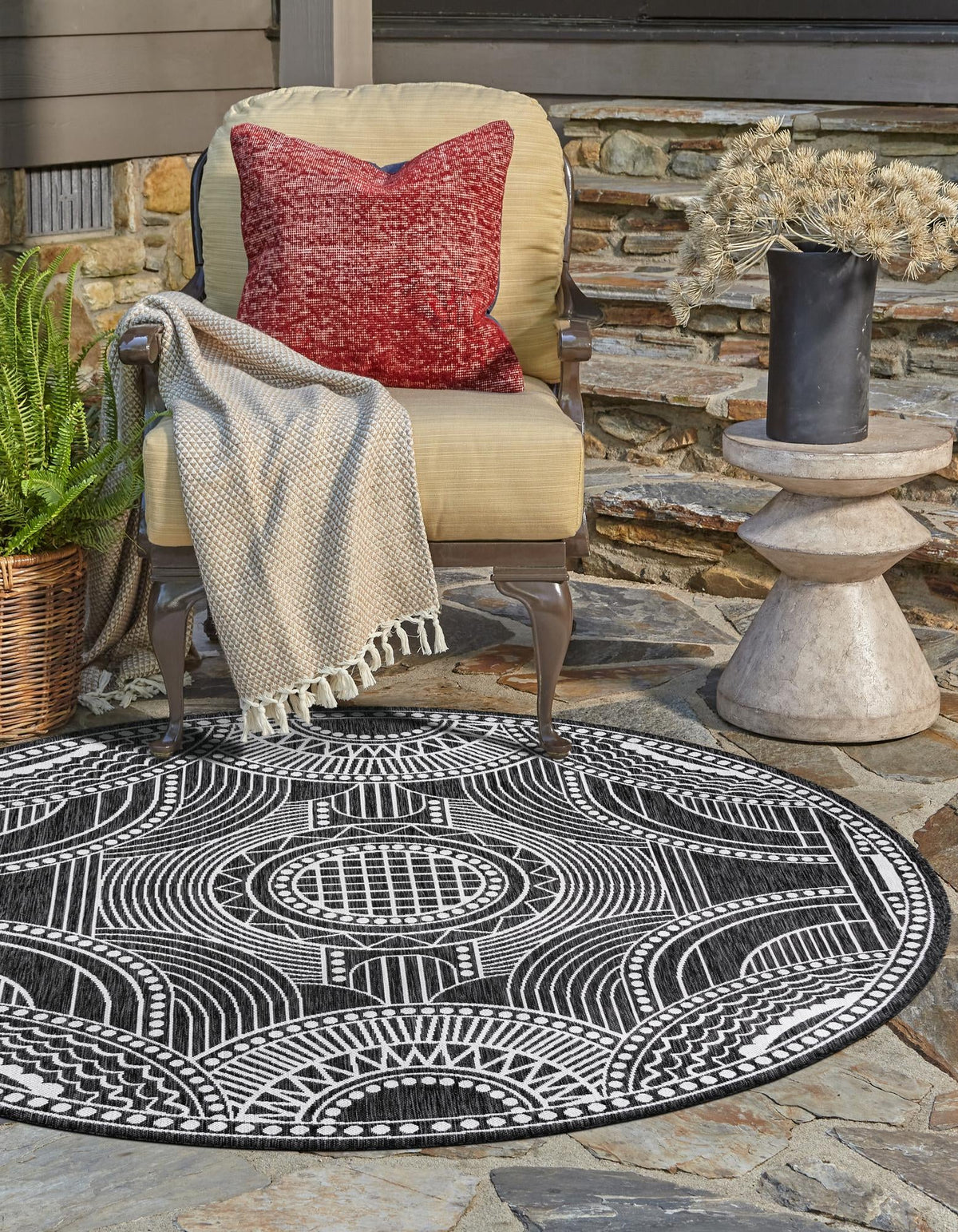 Patio Heritage Collection Area Rug -  Asheville Round Black and White  lifestyle 116