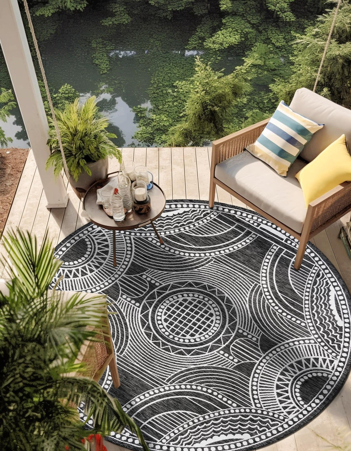 Patio Heritage Collection Area Rug -  Asheville Round Black and White  lifestyle 125