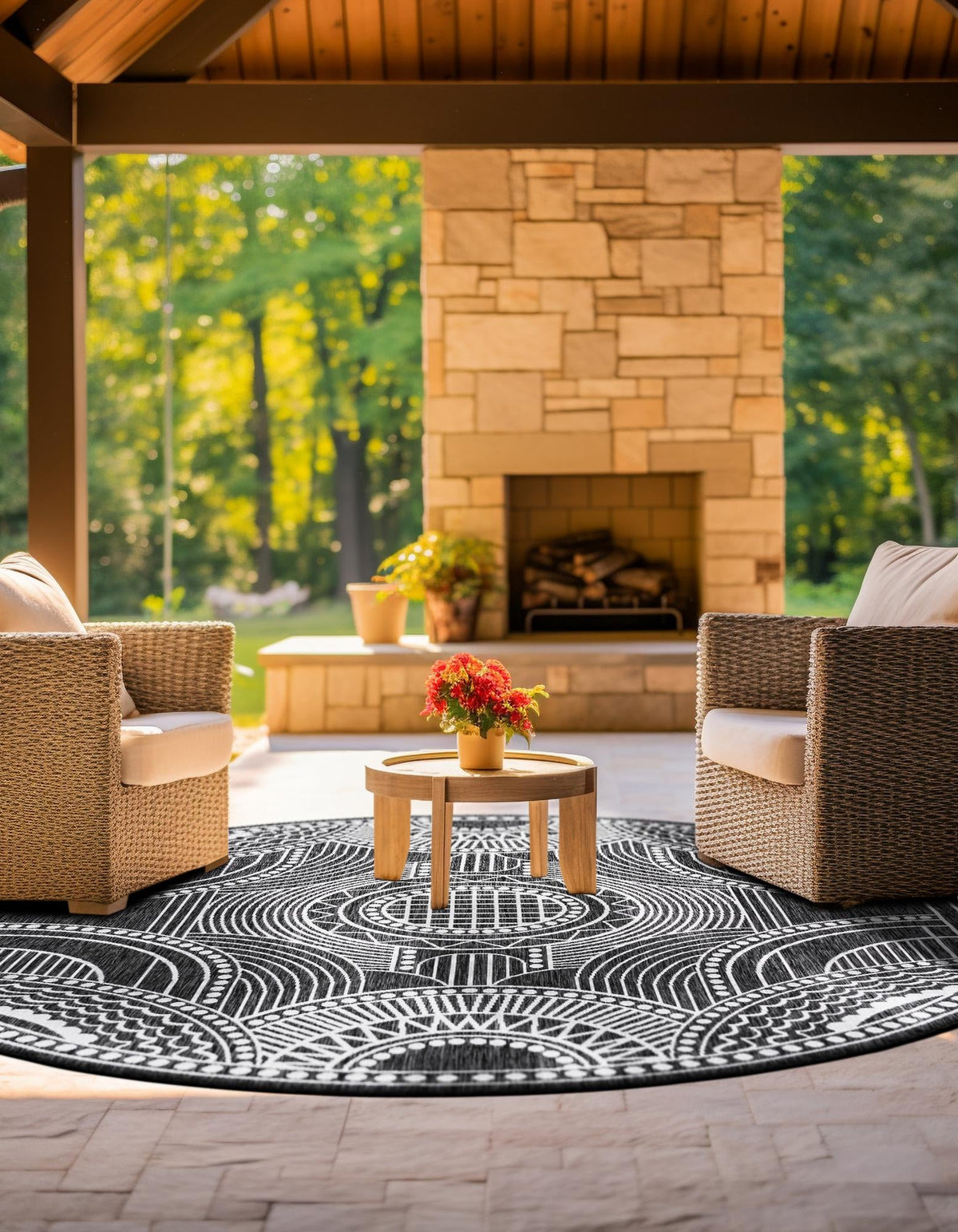 Patio Heritage Collection Area Rug -  Asheville Round Black and White  lifestyle 143